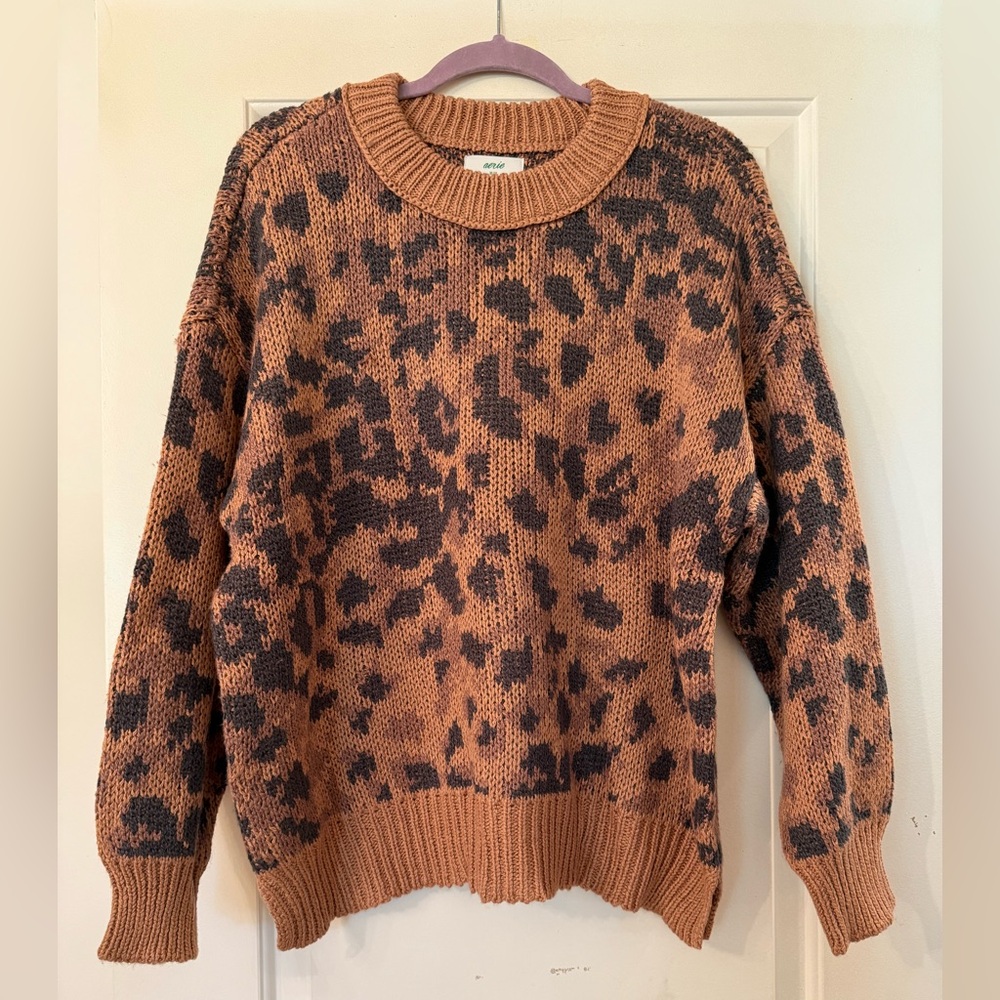 Aerie Brown Leopard Print Crew Neck Sweater
